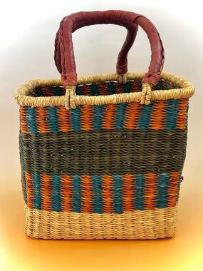 Woven Multi-Color African Straw Tote with Leather Handles